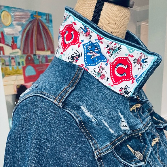 Hand Chain Stitched Retro Cowboy Show Stopping Reworked Western Denim Jacket - Picture 2 of 4